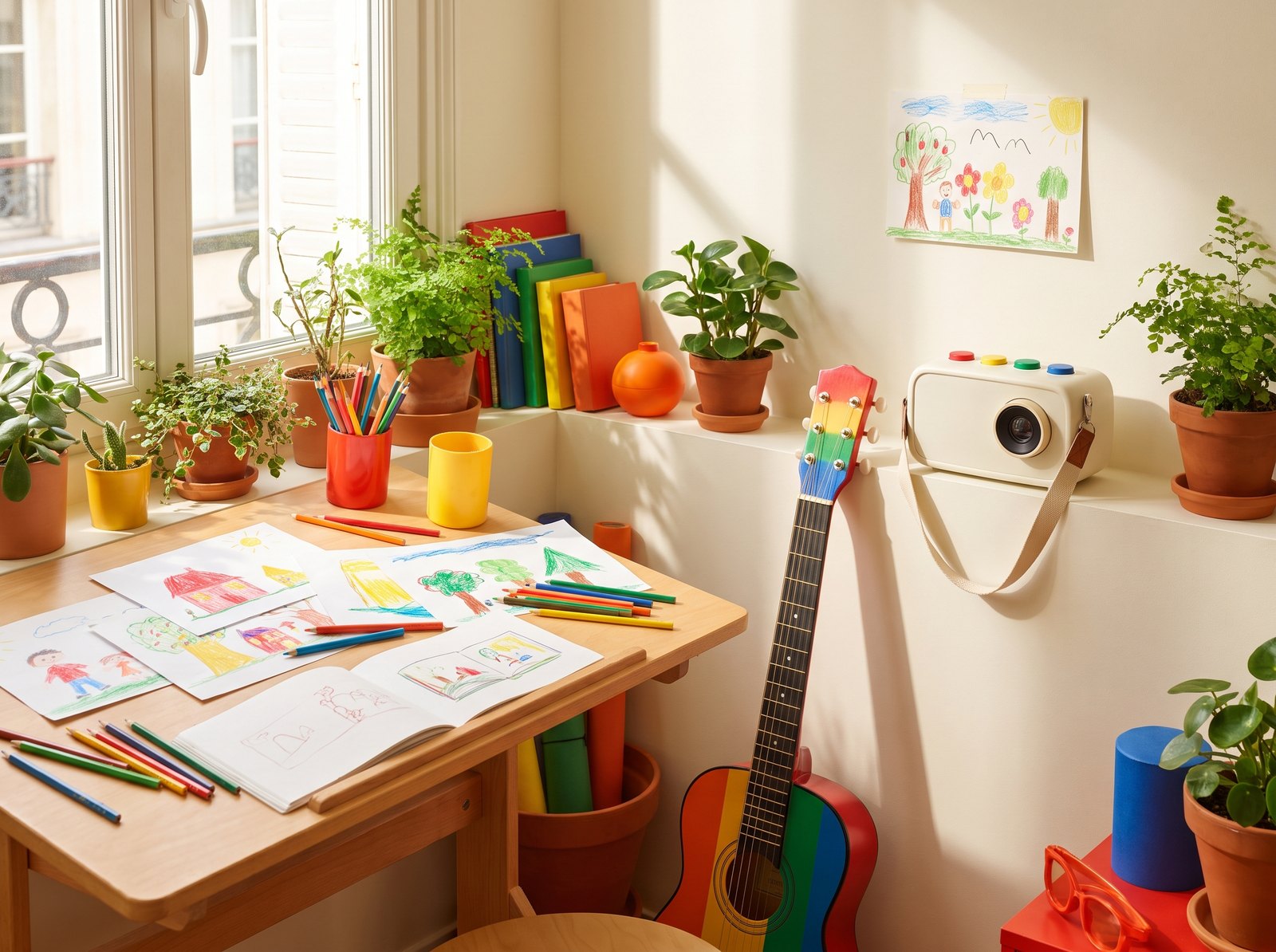 L'atelier Luciokids : table à dessin, crayons de couleur, guitare et projecteur sur une étagère