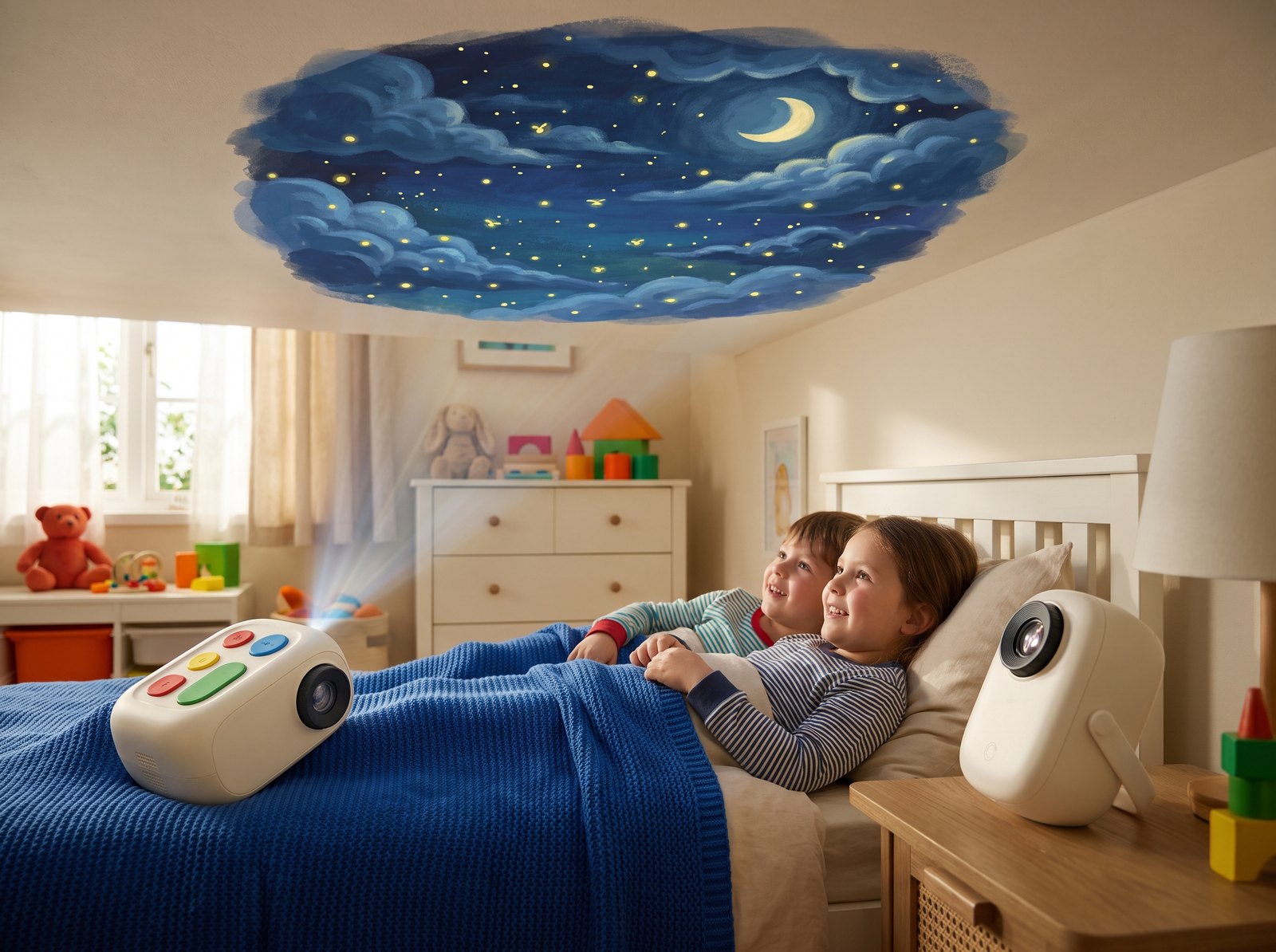 Deux enfants regardent un ciel de lucioles projeté au plafond